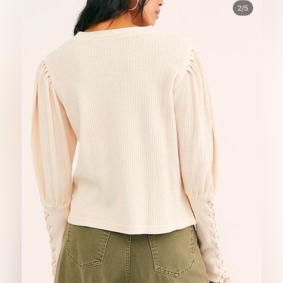 Women's Top waffle thermal long sleeve laceup light pink free people 100% cotton - Picture 4 of 6